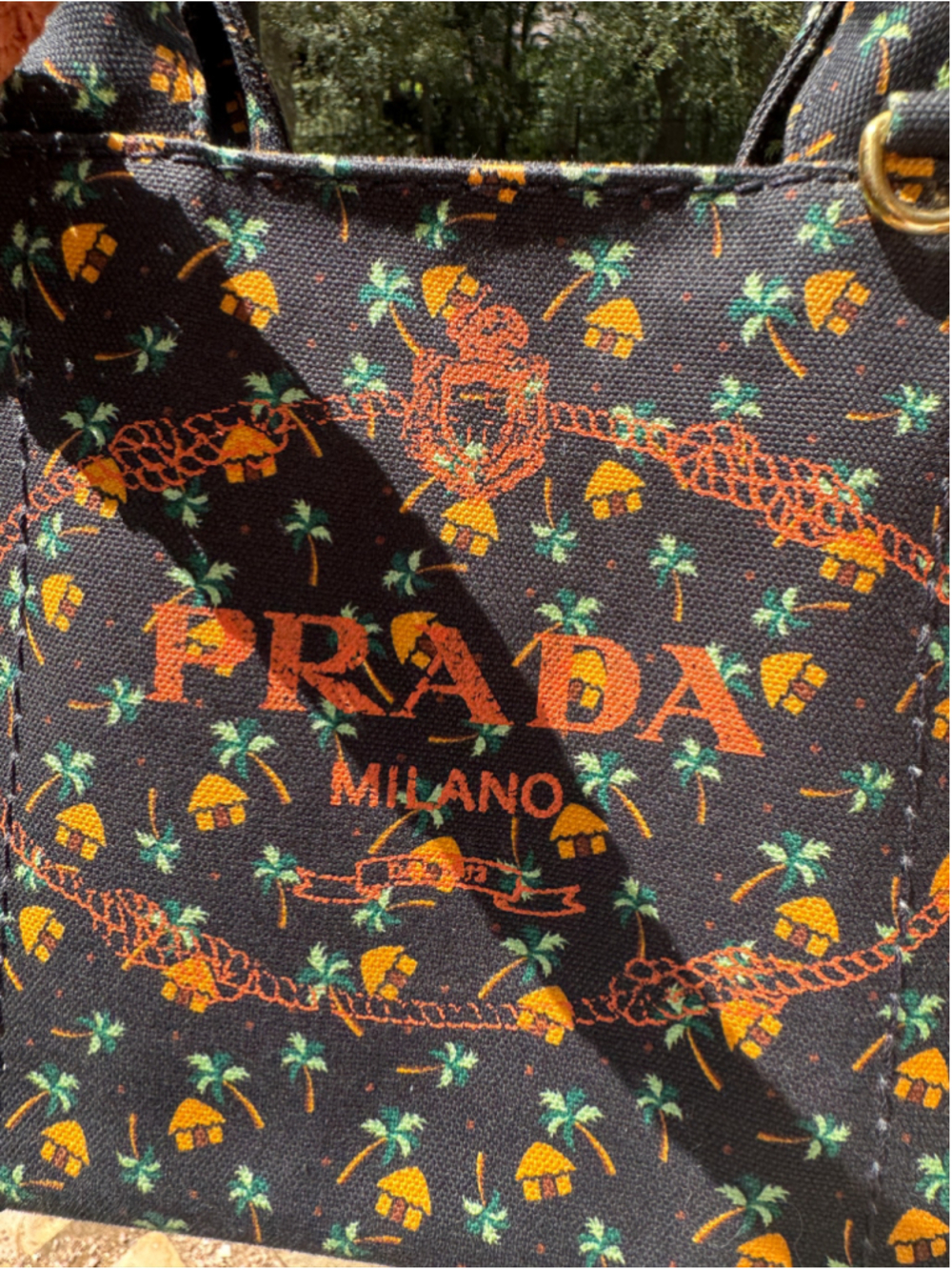 Prada Canapa Palm trees and tiki hut pattern Canvas Tote Bag - Picture 3 of 14